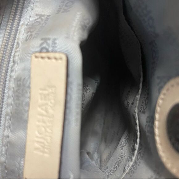 MICHAEL KORS  MIRROR METALLIC LOGO  metallic gold crossbody bag tan leather trim - Picture 8 of 16